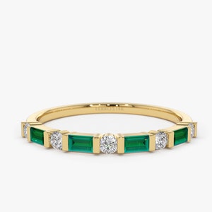 14k Solid Gold Natural Emerald Baguette and Genuine Round Diamond Stackable Womens Wedding Ring