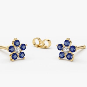 Natural Sapphire Earrings /  Diamond and Sapphire Cluster Stud Earrings in 14k Gold / Flower Design Sapphire and Diamond Earrings
