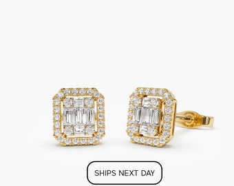 Stokbrood en ronde diamanten oorbellen met halo-zetting in 14 kt massief goud / 14 kt diamanten studs / sierlijke minimale oorbellen Ferkos Fine Jewelry