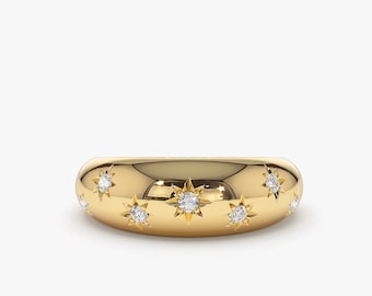 Diamond Starburst Ring / 14k Solid Gold Star Setting Diamond Ring /  Dome Women's Wedding Ring with Diamonds by Ferkos Fine Jewelry