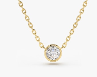 Diamond Solitaire Necklace, 0.50 - 1.00 ctw 14k Gold Bezel Setting Round Diamond Lab Grown Solitaire Necklace, Dainty Diamond Necklace Reina