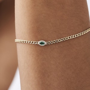 Gold Bracelet / 14k Gold 2MM Cuban Curb Link Chain Bracelet with Marquise Shape Emerald and Halo Diamond Setting by Ferko&#39;s Fine Jewelry