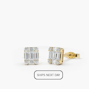 Diamond Earrings / Tiny Earrings Pair / 14kt Solid Gold Baguette and Round Diamond Illusion Setting Earrings / 14kt Dainty Minimal  Earrings