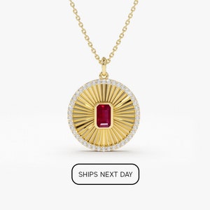 Ruby Necklace / 14k Gold Ruby and Diamond Ballerina Disc Medallion Necklace / Ruby and Diamond Charm Pendant July Birthstone / Push Present