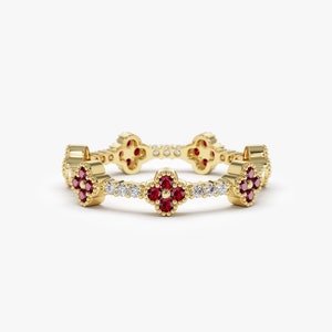 Clover Ring / Full Eternity Ruby and Diamond Ring in 14k Gold / Stacking Ring / Ruby Stackable Ring / July Birthstone Ferkos Fine Jewelry