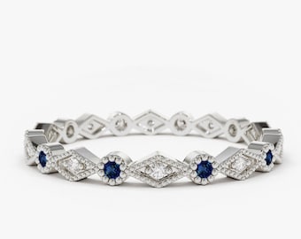 Sapphire and Diamond Eternity Ring / 14k White Gold Art Deco Sapphire and Diamond Wedding Band / Sapphire Birthstone Stacking Ring