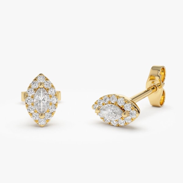 Marquise Diamond Earrings / 14k Gold Marquise Diamond in Halo Setting Diamond Studs / Dainty Diamond Earrings / Marquise Diamond Studs