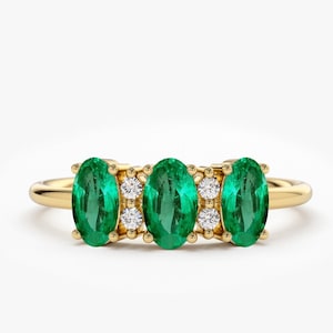 14k Solid Gold Natural Genuine Emerald and Diamond Ring