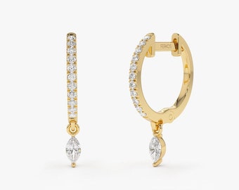 Diamond Hoop Earrings / 14k Gold Diamond Huggie with a Dangling Marquise Diamond / 10MM 14k Gold Hoop Earrings for Women Ferkos Fine Jewelry