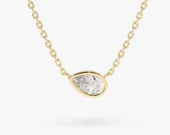 Diamond Solitaire Necklace / 14K Gold Sideways Pear Shape Diamond Necklace/ Thin Diamond Teardrop Necklace / Gift for Mom Ideas