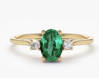 Emerald Ring /  Emerald Engagement Ring in 14k Gold / Oval Cut Natural 3 Stone Emerald Diamond Ring / May Birthstone / Promise Ring