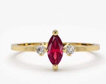 14k Stackable Natural Ruby Ring / Marquise Ruby Ring and Diamond Ring / Dainty Ruby Ring / Minimal Genuine Ruby Ring / July Birthstone