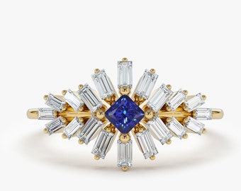 14k Gold Baguette Diamond Cluster Ring with a Natural Square Princess Cut Sapphire by Ferko's Fine Jewelry