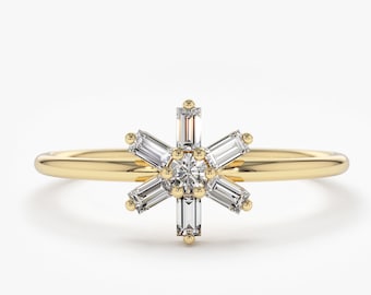 Diamond Ring / 14k Gold Baguette Diamond Flower Ring / Minimalist Promise Ring / Birthday Gift For Her / Rose Gold / White Gold
