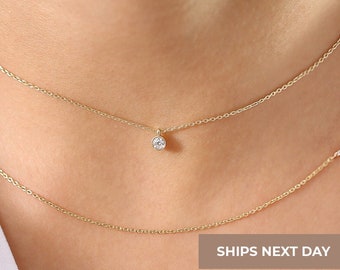 14k Gold Bezel Setting Diamond Necklace / Solitaire Necklace 0.12 Carat / Bridesmaid Necklace / Diamond Gold Necklace