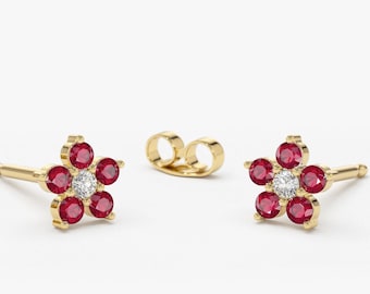 Natural Ruby Earrings /  Diamond and Ruby Cluster Stud Earrings in 14k Gold / Flower Design Ruby and Diamond Earrings / July Birthstone