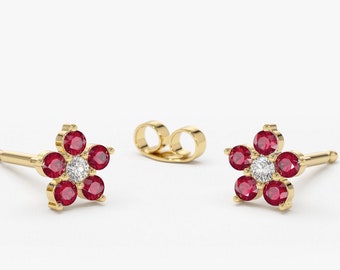 Natural Ruby Earrings /  Diamond and Ruby Cluster Stud Earrings in 14k Gold / Flower Design Ruby and Diamond Earrings / July Birthstone