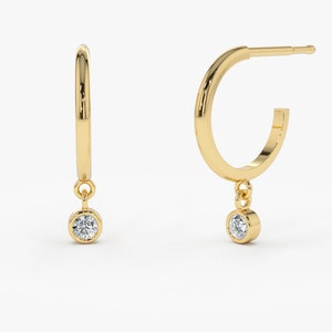 14k Gold Hoop with Dangling Diamond  / Bezel Setting Dangling Diamond Earrings by Ferkos Fine Jewelry / Gift for mom, Last Minute gift