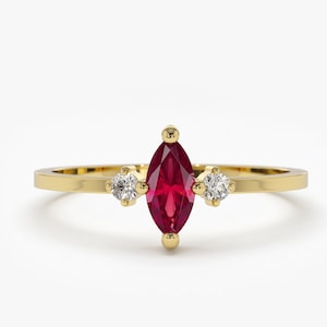 14k Stackable Natural Ruby Ring / Marquise Ruby Ring and Diamond Ring / Dainty Ruby Ring / Minimal Genuine Ruby Ring / July Birthstone