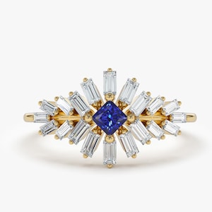 14k Gold Baguette Diamond Cluster Ring with a Natural Square Princess Cut Sapphire by Ferko's Fine Jewelry