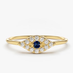 Diamond Evil Eye Ring / 14k Gold Diamond Ring / Diamond and Blue Sapphire Evil Eye / Diamond and Blue Sapphire Evil Eye / Good Luck Ring