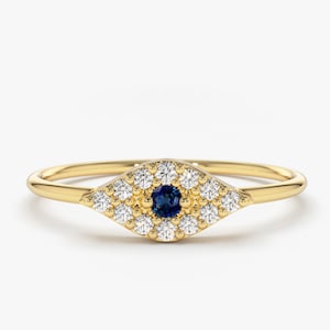 Diamond Evil Eye Ring / 14k Gold Diamond Ring / Diamond and Blue Sapphire Evil Eye / Diamond and Blue Sapphire Evil Eye / Good Luck Ring