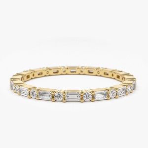 14k Gold Alternating Baguette Diamond and Round Diamond Full Eternity Ring / Available in Rose Gold and White Gold / Ferkos Fine Jewelry