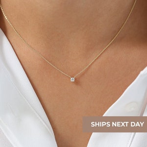 14k Gold Diamond Solitaire ketting / 14k Gold gelaagde diamanten halsketting / sierlijke diamanten halsketting / Diamond Prong ketting / bruidsset