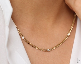 Gold Necklace / 14k Gold Cuban Link Chain Necklace with Bezel Setting Solitaire Diamond / 3MM Gold Curb Link Necklace by Ferkos Fine jewelry