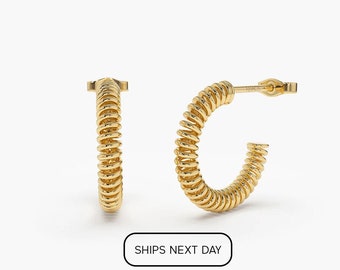 14k Gold Bold Unique Hoop Earrings, Medium Spiral C-Hoop Earring, Coiled Hoop Earrings, Trendy Different Hoop Earrings
