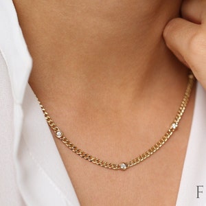 Gold Necklace / 14k Gold Cuban Link Chain Necklace with Bezel Setting Solitaire Diamond / 3MM Gold Curb Link Necklace by Ferkos Fine jewelry