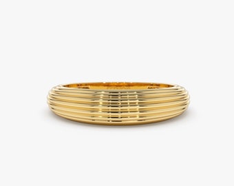 14k Gold Ribbed Dome Graduating Ring / 14k Unique Multi Lined 5MM Dome Gold Ring / Stackable Gold Ring by Ferkos Fine Jewelry