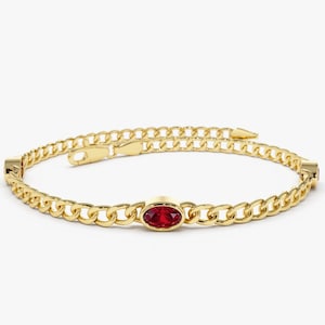 Ruby Bracelet / 3MM Curb Link Chain Bracelet with Bezel Setting Oval Shape Genuine Ruby by Ferkos Fine jewelry / Gift For her, Gift for Mom