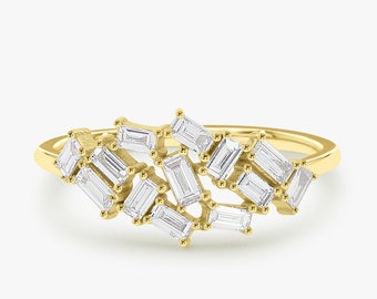 Baguette Diamond Cluster Ring / Unique Diamond Stackable Ring /  Diamond Wedding Band / 14k Rose Gold / 14k White Gold