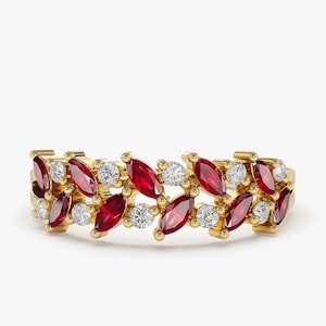 Marquise Ruby Ring / 14k Two Rows Marquise Cut Natural Ruby Multi Stone Ring / Women&#39;s Ruby and Diamond Anniversary Ring by Ferko&#39;s Fine