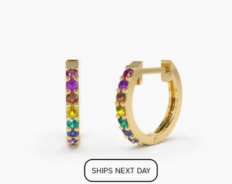 Rainbow Earrings / Gradient Rainbow Huggie Earrings / 14k Gold 10MM Multi-Color Huggie Hoop Earrings / Multi-Color Small Hoop Earrings