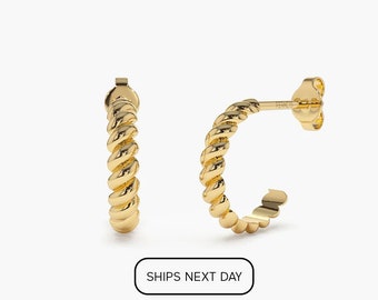Gold Hoop Earrings / 3MM Gold Braided Twist Earrings / 14K Solid Gold Twisted Rope Hoop Earrings by Ferkos Fine Jewelry / Last Minute Gift