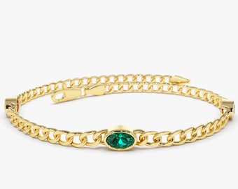 Emerald Bracelet / 3MM Curb-Link Chain Bracelet with Bezel Setting Oval Shape Genuine Emerald by Ferkos Fine jewelry