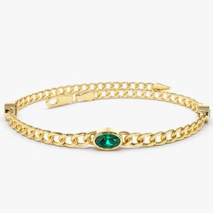 Emerald Bracelet / 3MM Curb-Link Chain Bracelet with Bezel Setting Oval Shape Genuine Emerald by Ferkos Fine jewelry