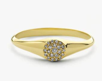 14k Gold Diamond Signet Ring / Micro Pave Diamond Pinky Ring in 14k Gold / Gold Ring / Pave Pinky Disc Ring  / Gift for Mom, Birthday Gift