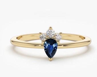 Sapphire Ring /14k Natural Sapphire and Diamond Engagement Ring/ Genuine Blue Sapphire Promise Ring / September Birthstone