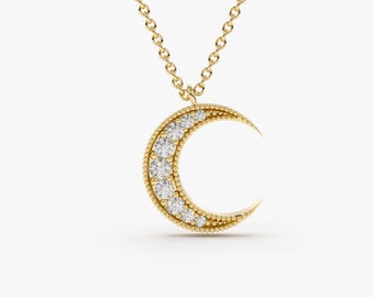 Mini Crescent Moon Diamond Necklace in 14k Gold / Double Horn Diamond Necklace / Graduation Gift / Gift for Mom