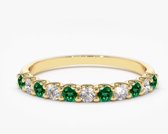 Emerald & Diamond Wedding Ring/ 14k Gold Shared Prong Emerald Eternity Diamond Band / May Birthstone Ring