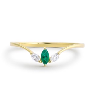 Marquise Emerald Ring / 14k Marquise Emerald and Marquise Diamond Ring / Natural Emerald Jewelry / Dainty Emerald Ring with Marquise Diamond