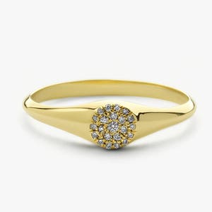 14k Gold Diamond Signet Ring / Micro Pave Diamond Pinky Ring in 14k Gold / Gold Ring / Pave Pinky Disc Ring  / Gift for Mom, Birthday Gift