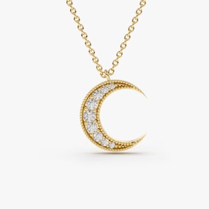 Mini Crescent Moon Diamond Necklace in 14k Gold / Double Horn Diamond Necklace / Labor Day Sale / Gift for Mom