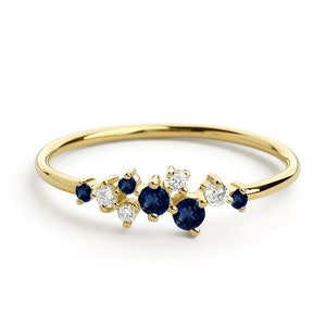 Sapphire Ring / Sapphire and Diamond Cluster Ring / Unique Sapphire Stackable Ring / Genuine Sapphire / September Birthstone Ring