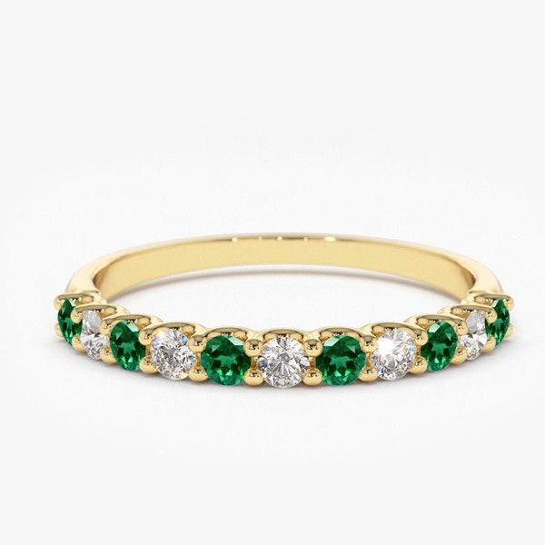 Emerald & Diamond Wedding Ring/ 14k Gold Shared Prong Emerald Eternity Diamond Band / May Birthstone Ring
