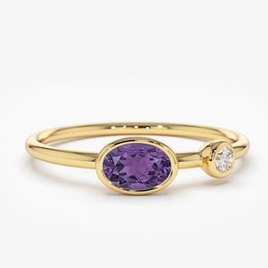 Oval Shape Natural Amethyst Ring / 14k Gold Amethyst Ring with Diamond / Natural Purple Amethyst Ring / February Birthstone Ring