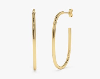 Gold Earrings / 14k Gold Long Rectangle tube hoop earrings / Statement Gold Earrings / Long Rounded Paper Clip Gold Earrings,
